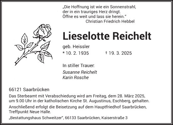 Todesanzeige von Lieselotte Reichelt von saarbruecker_zeitung