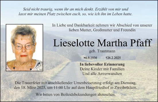 Todesanzeige von Lieselotte Martha Pfaff von saarbruecker_zeitung