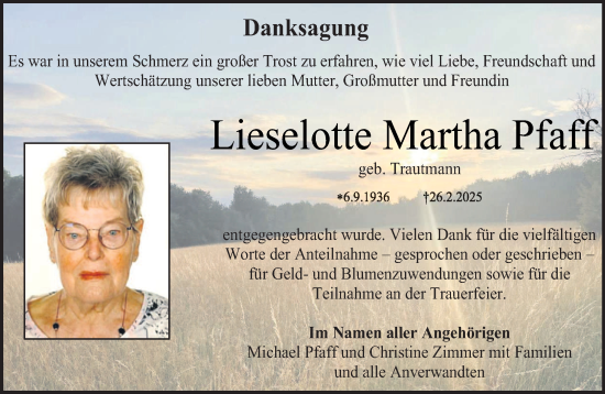 Todesanzeige von Lieselotte Martha Pfaff von saarbruecker_zeitung