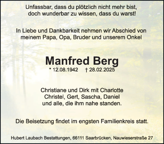 Todesanzeige von Manfred Berg von saarbruecker_zeitung