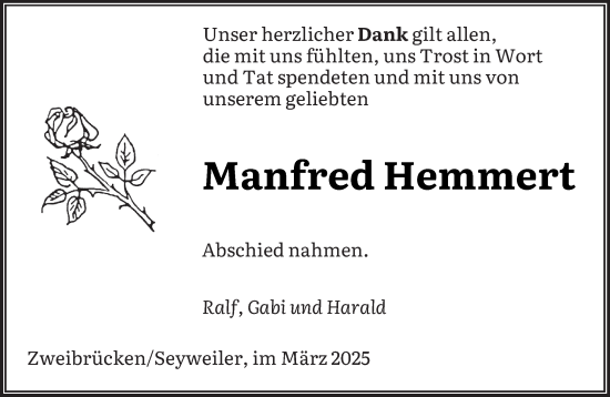 Todesanzeige von Manfred Hemmert von saarbruecker_zeitung