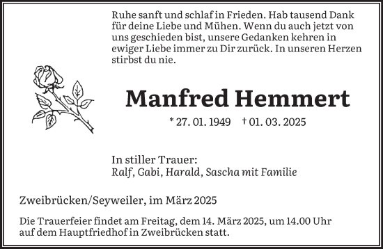 Todesanzeige von Manfred Hemmert von saarbruecker_zeitung