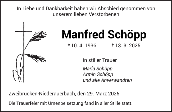 Todesanzeige von Manfred Schöpp von saarbruecker_zeitung