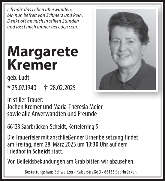 Todesanzeige von Margarete Kremer von saarbruecker_zeitung