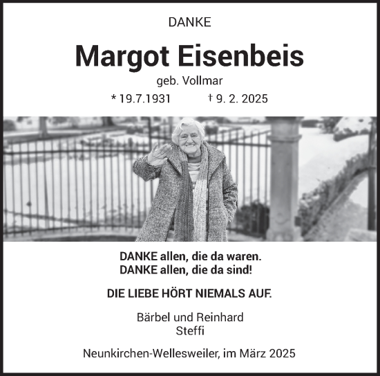 Todesanzeige von Margot Eisenbeis von saarbruecker_zeitung