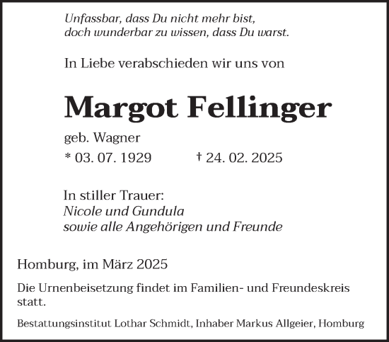 Todesanzeige von Margot Fellinger von saarbruecker_zeitung