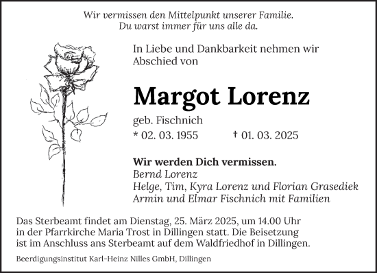 Todesanzeige von Margot Lorenz von saarbruecker_zeitung