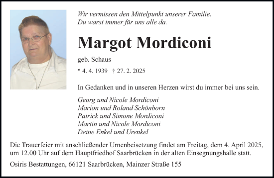 Todesanzeige von Margot Mordiconi von saarbruecker_zeitung