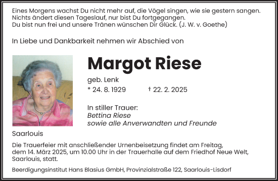 Todesanzeige von Margot Riese von saarbruecker_zeitung