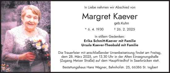 Todesanzeige von Margret Kaever von saarbruecker_zeitung