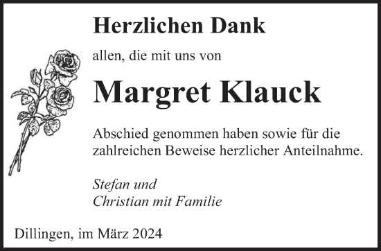 Todesanzeige von Margret Klauck von saarbruecker_zeitung