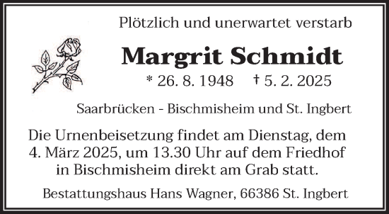 Todesanzeige von Margrit Schmidt von saarbruecker_zeitung