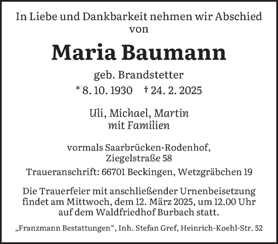 Todesanzeige von Maria Baumann von saarbruecker_zeitung