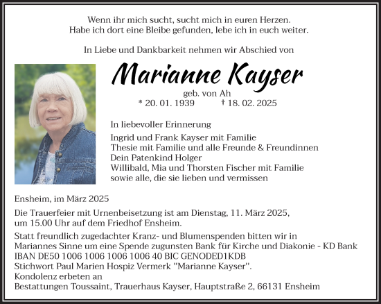 Todesanzeige von Marianne Kayser von saarbruecker_zeitung