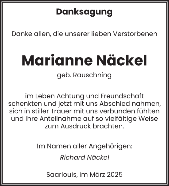Todesanzeige von Marianne Näckel von saarbruecker_zeitung