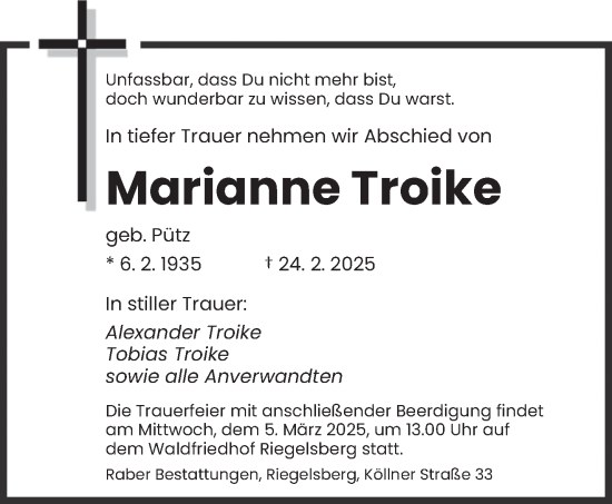Todesanzeige von Marianne Troike von saarbruecker_zeitung