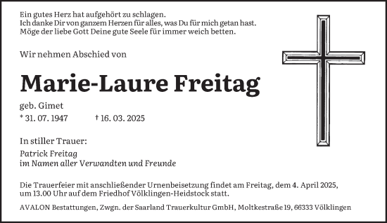 Todesanzeige von Marie-Laure Freitag von saarbruecker_zeitung