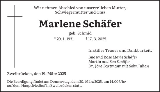 Todesanzeige von Marlene Schäfer von saarbruecker_zeitung