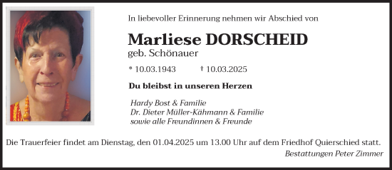 Todesanzeige von Marliese Dorscheid von saarbruecker_zeitung