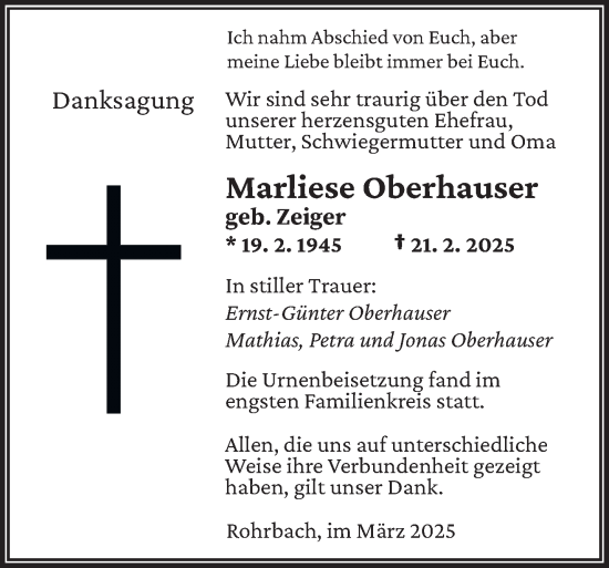 Todesanzeige von Marliese Oberhauser von saarbruecker_zeitung