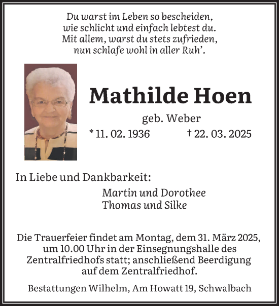 Todesanzeige von Mathilde Hoen von saarbruecker_zeitung