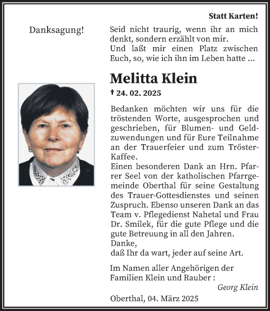 Todesanzeige von Melitta Klein von saarbruecker_zeitung