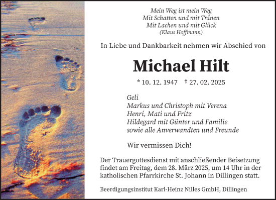 Todesanzeige von Michael Hilt von saarbruecker_zeitung