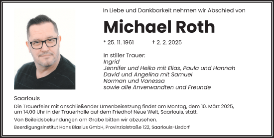 Todesanzeige von Michael Roth von saarbruecker_zeitung