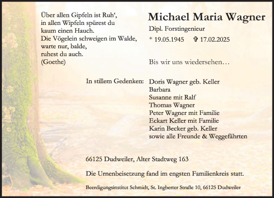 Todesanzeige von Michael Maria Wagner von saarbruecker_zeitung