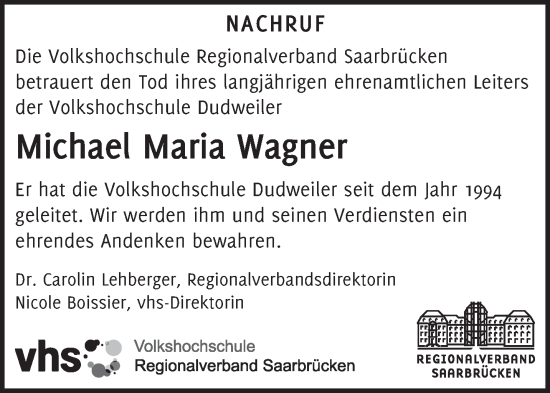 Todesanzeige von Michael Maria Wagner von saarbruecker_zeitung