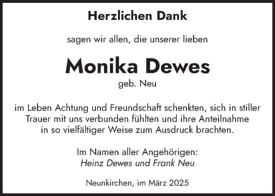 Todesanzeige von Monika Dewes von saarbruecker_zeitung