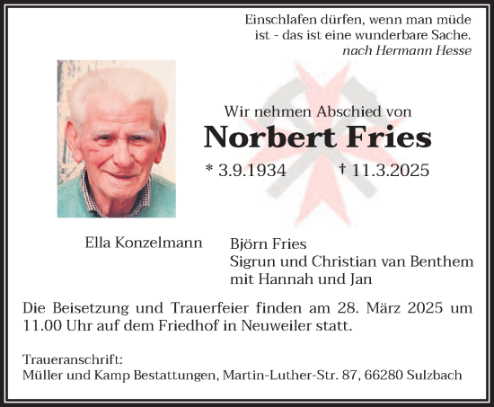 Todesanzeige von Norbert Fries von saarbruecker_zeitung