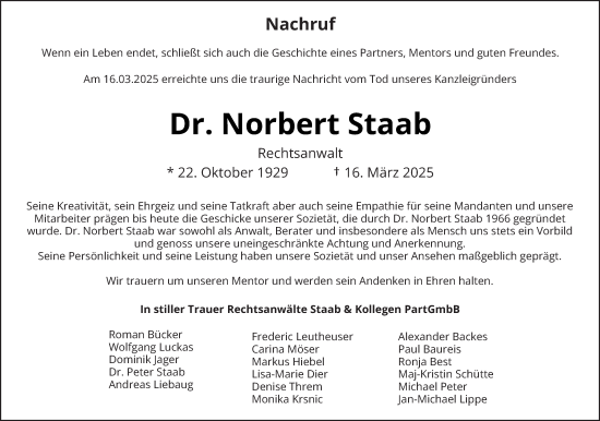 Todesanzeige von Norbert Staab von saarbruecker_zeitung