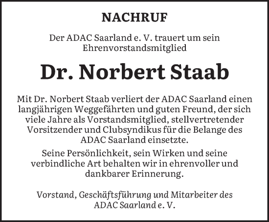 Todesanzeige von Norbert Staab von saarbruecker_zeitung