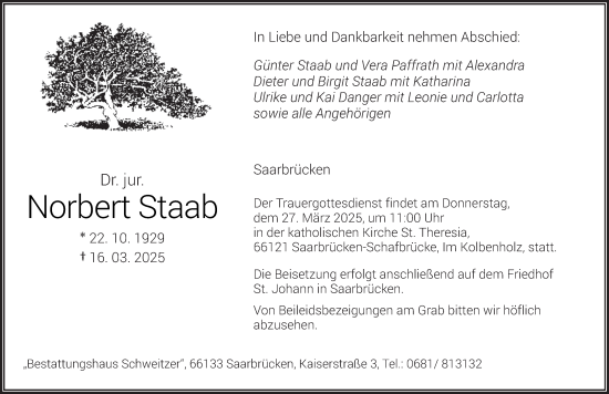 Todesanzeige von Norbert Staab von saarbruecker_zeitung