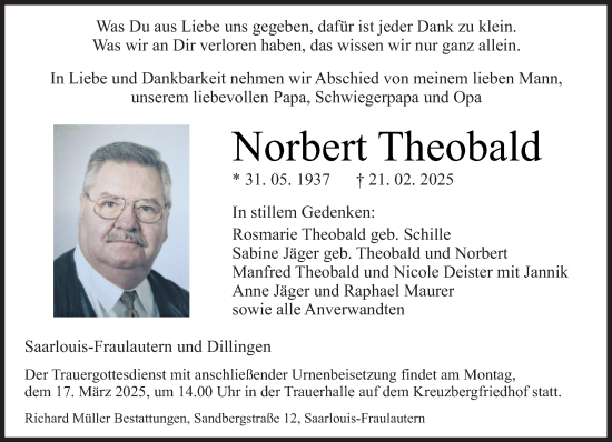 Todesanzeige von Norbert Theobald von saarbruecker_zeitung
