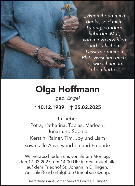 Todesanzeige von Olga Hoffmann von saarbruecker_zeitung
