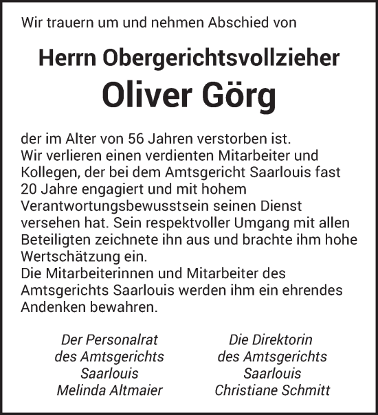 Todesanzeige von Oliver Görg von saarbruecker_zeitung