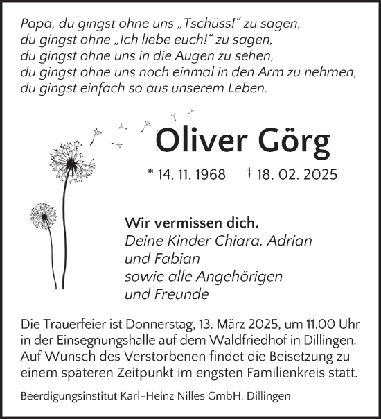 Todesanzeige von Oliver Görg von saarbruecker_zeitung