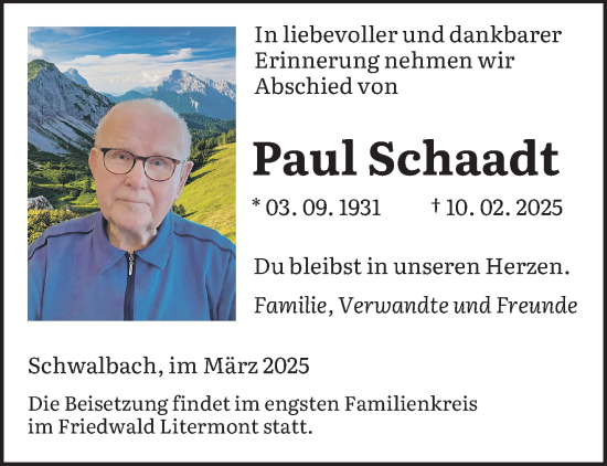 Todesanzeige von Paul Schaadt von saarbruecker_zeitung