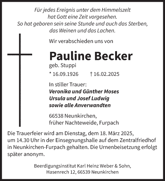 Todesanzeige von Pauline Becker von saarbruecker_zeitung