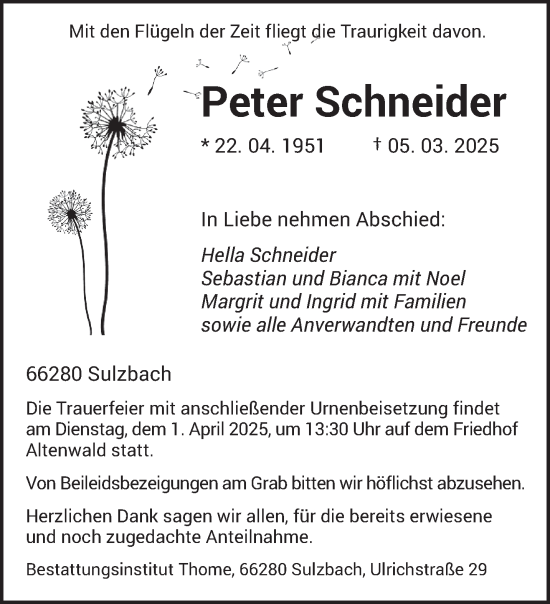 Todesanzeige von Peter Schneider von saarbruecker_zeitung