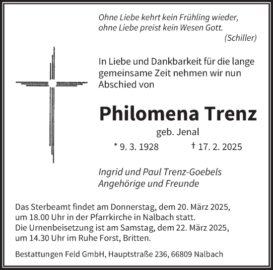 Todesanzeige von Philomena Trenz von saarbruecker_zeitung
