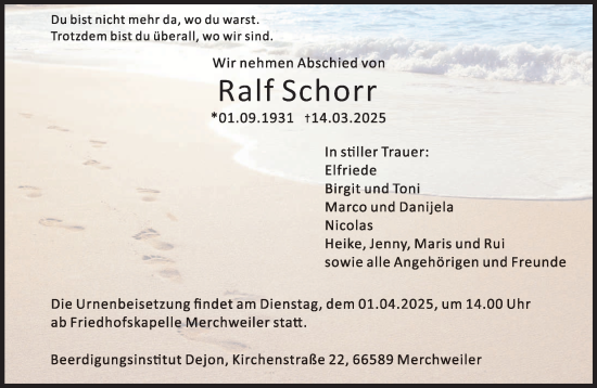 Todesanzeige von Ralf Schorr von saarbruecker_zeitung