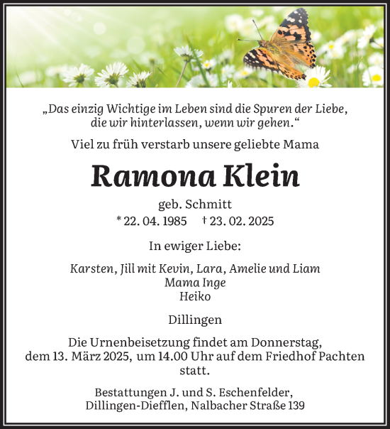 Todesanzeige von Ramona Klein von saarbruecker_zeitung