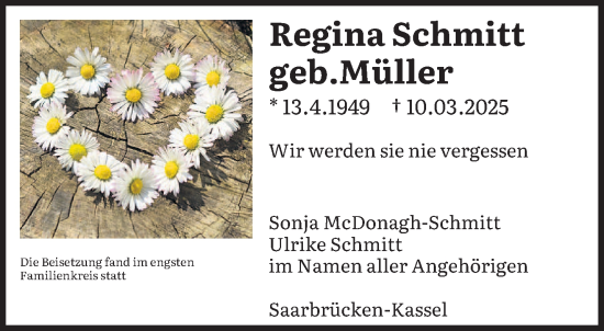Todesanzeige von Regina Schmitt von saarbruecker_zeitung