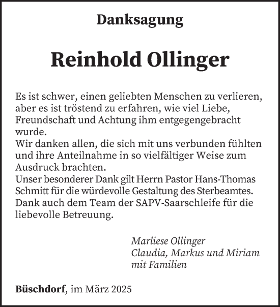 Todesanzeige von Reinhold Ollinger von saarbruecker_zeitung