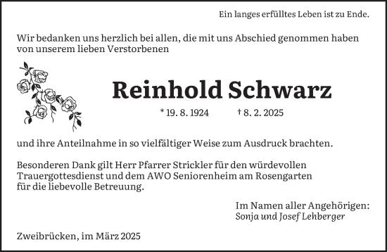 Todesanzeige von Reinhold Schwarz von saarbruecker_zeitung