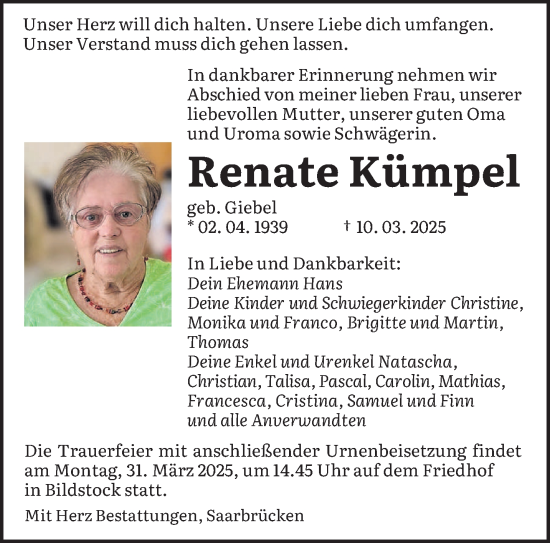 Todesanzeige von Renate Kümpel von saarbruecker_zeitung