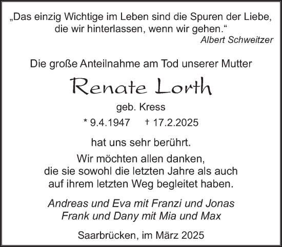 Todesanzeige von Renate Lorth von saarbruecker_zeitung
